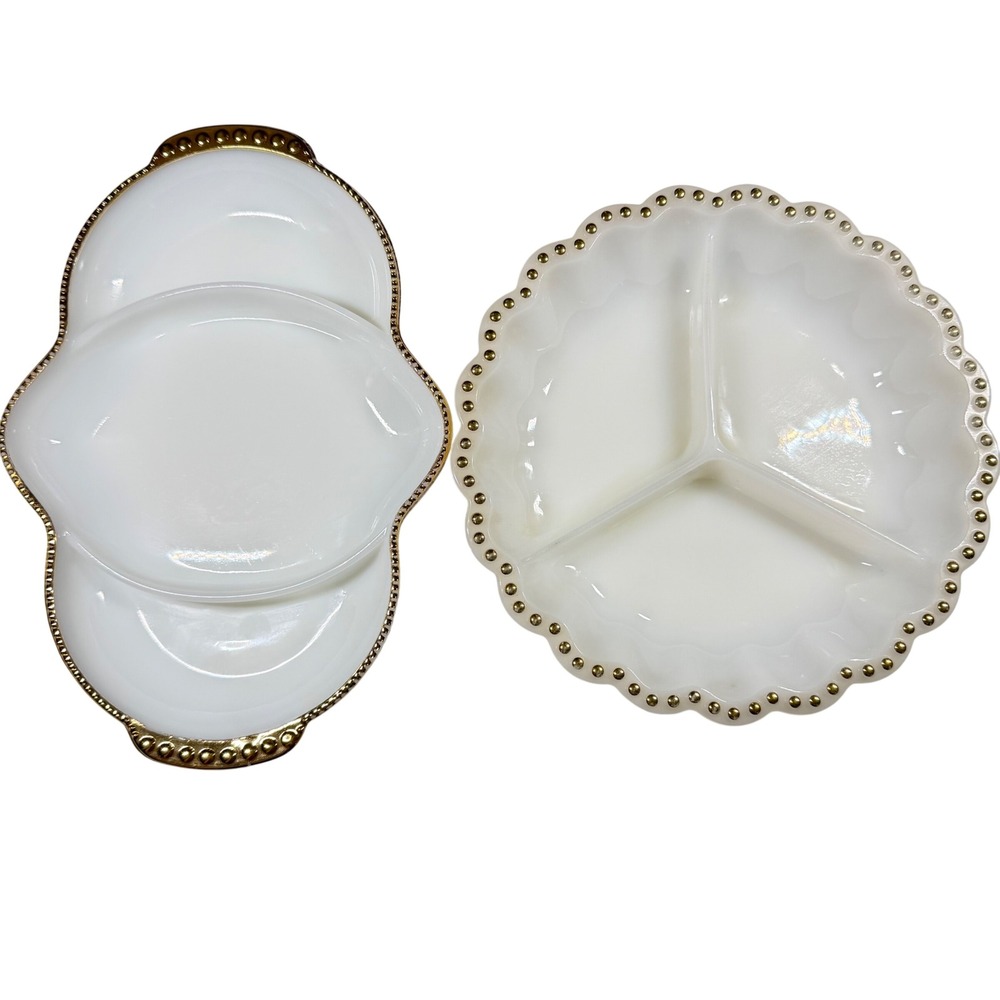 2 FIRE-KING Vintage White Milk Glass Gold Beaded Trim Serving Platter Relish